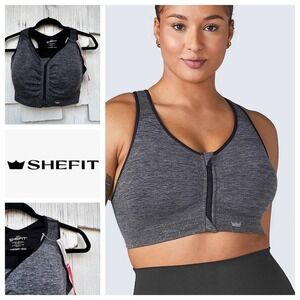 SHEFIT 5LUXE Lounge Full Zip Sports Bra Gray Heathered Performance Activewear 5X